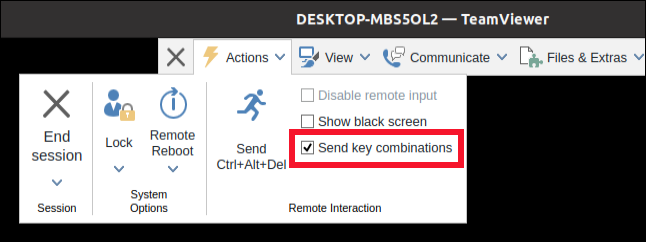 Меню Actions в окне соединения TeamViewer
