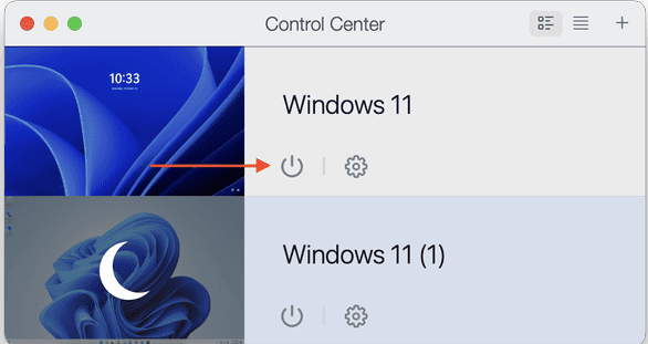 Parallels Control Center: опция питания виртуальной машины