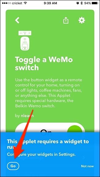 Всплывающая подсказка с кнопкой Go после сохранения виджета IFTTT на iPhone