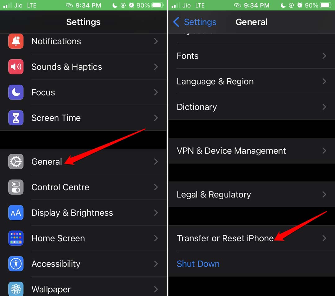 Opzione Trasferisci o inizializza iPhone nelle impostazioni