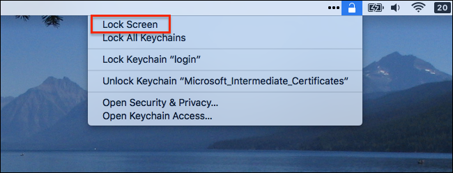Меню значка связки ключей с опцией Заблокировать экран