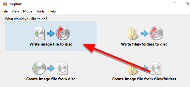 Интерфейс ImgBurn: выбор операции 'Write image file to disc'