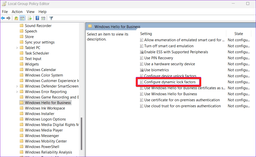 Параметр Configure dynamic lock factors в редакторе групповых политик