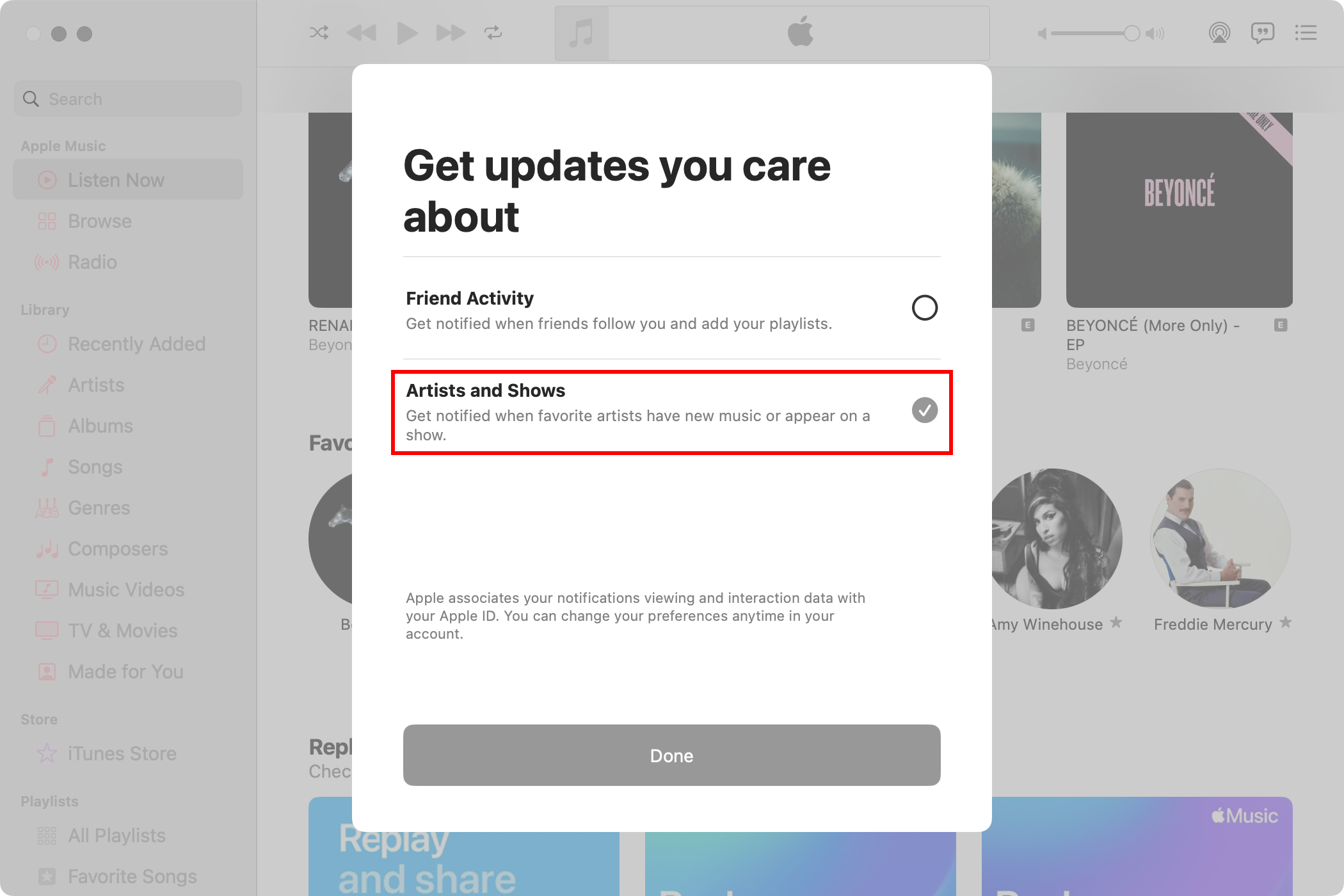 Отключение уведомлений о новых релизах любимых исполнителей в Музыке на Mac.