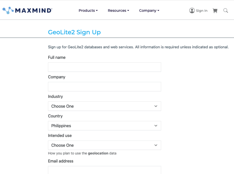 Скриншот страницы регистрации GeoLite для получения лицензии.