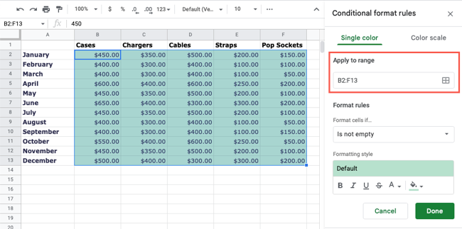 Поле Применить к диапазону
