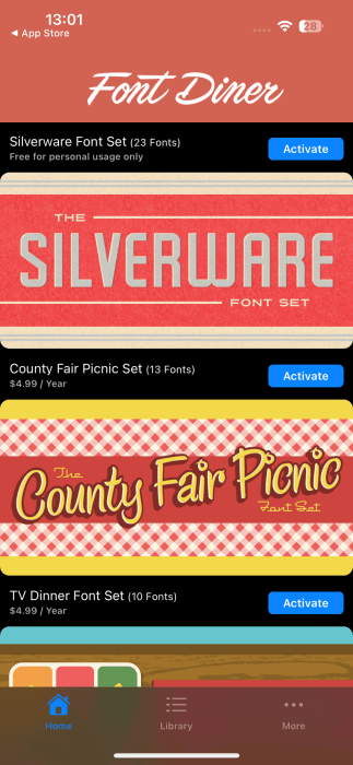 Просмотр наборов шрифтов в Font Diner на iPhone