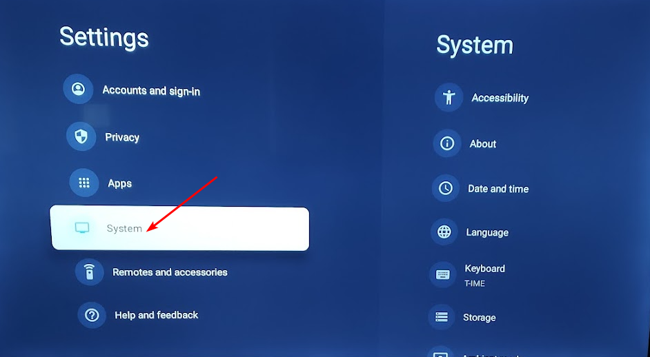 Меню Система в настройках телевизора