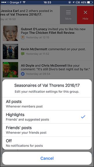 Настройки уведомлений для групп — выбор постов