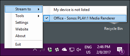 Контекстное меню Stream to: выбор Sonos‑устройства для трансляции