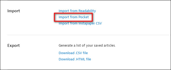 Раздел Import в настройках Instapaper с опцией Import from Pocket
