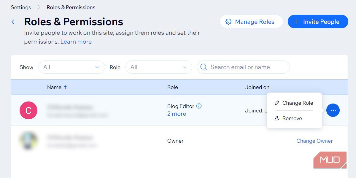 Всплывающее окно для изменения роли участника в Wix
