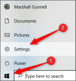 Settings option in Windows toolbar