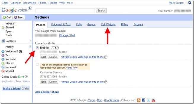 Выбор номера для виджета в Google Voice