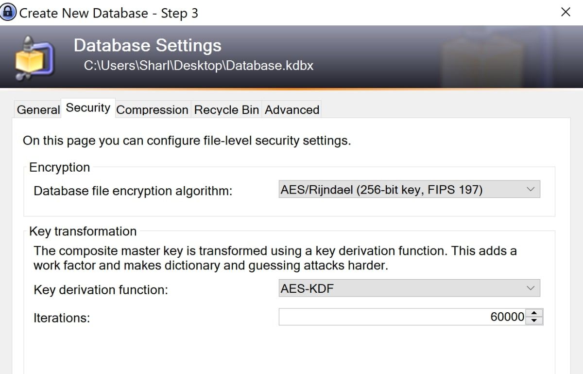 Вкладка безопасности: параметры шифрования и алгоритмы