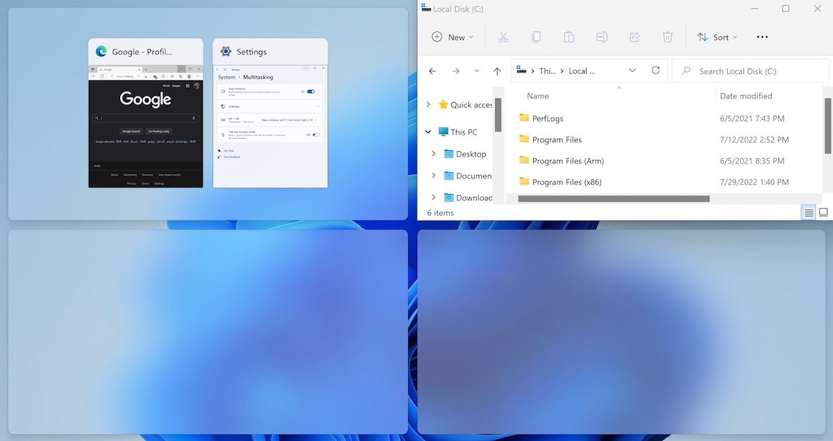 Предпросмотр Snap Assist с миниатюрами окон