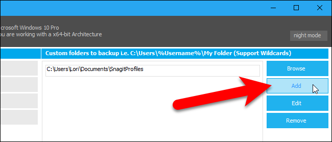 Добавление выбранной папки в список Custom