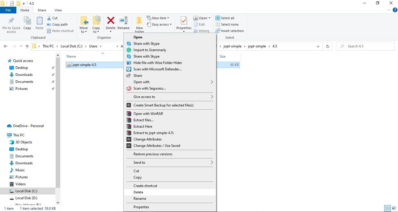 Удаление файла jopt-simple-4.5.jar из папки .minecraft