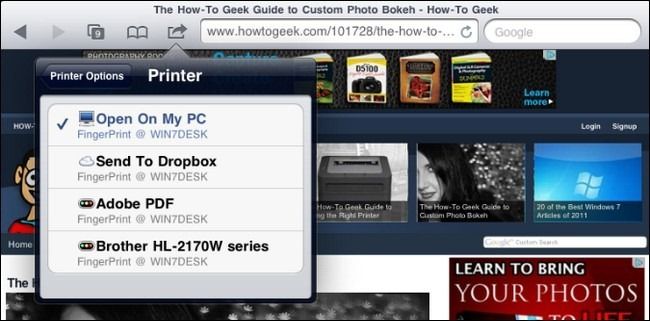 Выбор принтера в AirPrint и дополнительная опция Save to Dropbox