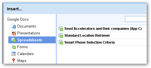 Окно вставки существующих документов Google в страницу
