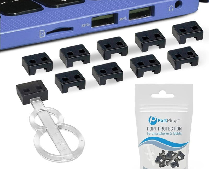 USB-Port-Schutzkappen nebeneinander mit Schlüssel