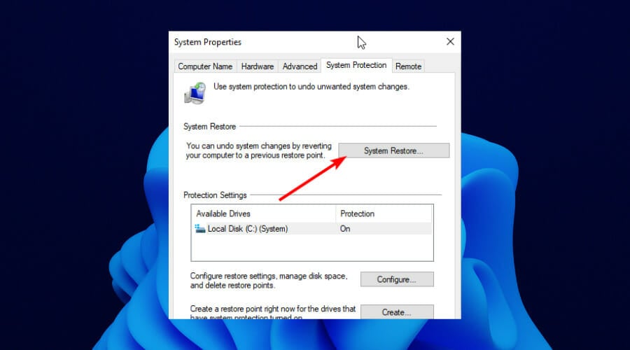 Создать точку восстановления системы