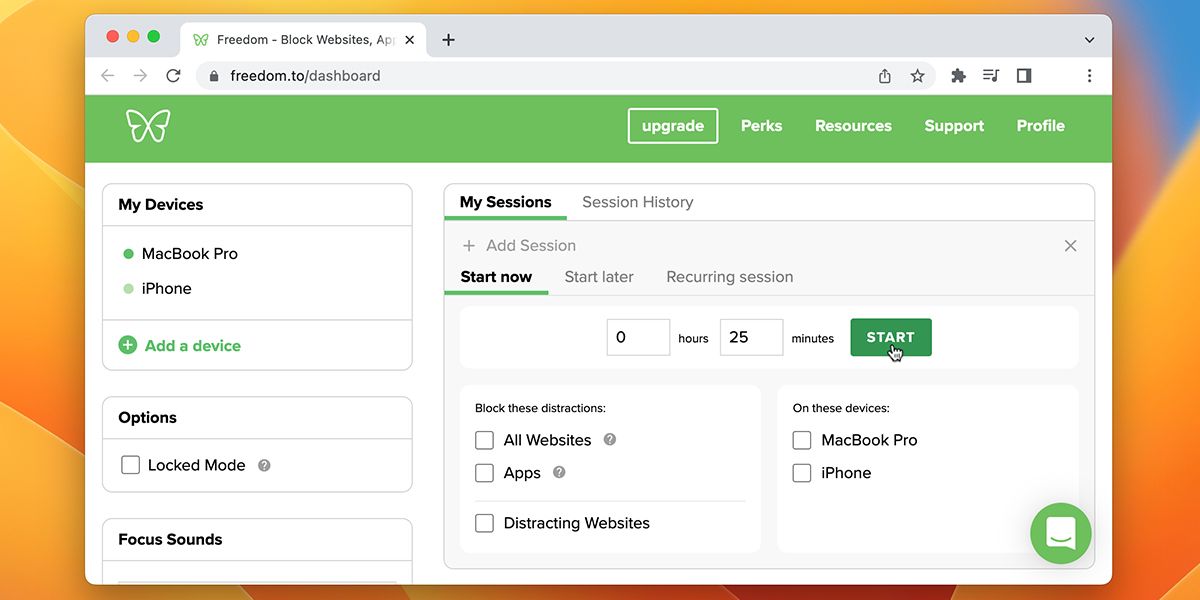 Запустить сессию в Freedom с таймером