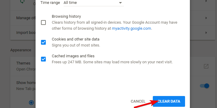 Изображение: окно Очистить данные в Chrome