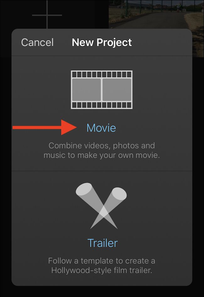 Выбор 'Movie' в iMovie для создания проекта