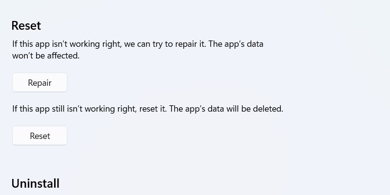 Сбрасывание приложения в Параметрах Windows