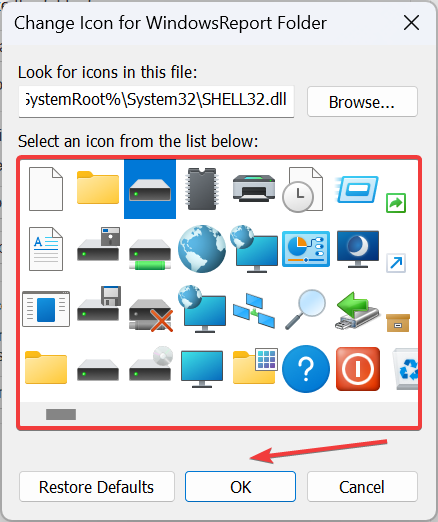 Выбор нового значка папки