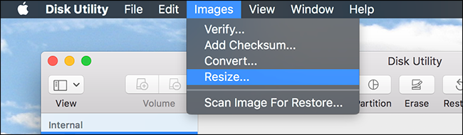 Меню Resize в Disk Utility для изменения размера образа