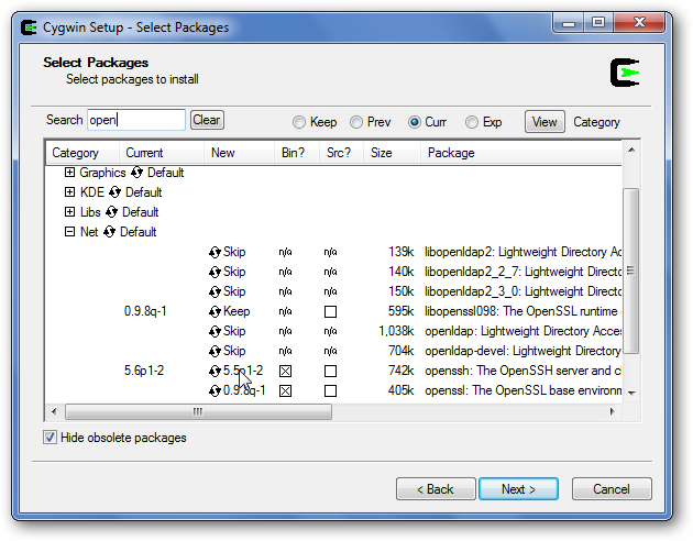 Выбор пакета openssh в Cygwin
