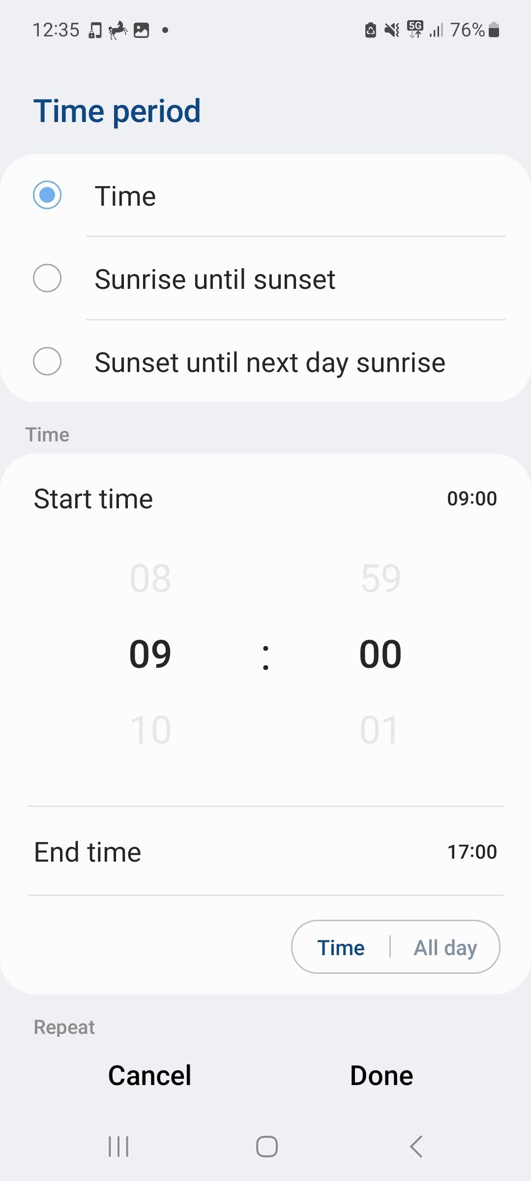 Параметры расписания профиля работы