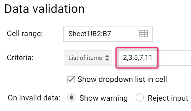 Подсказка проверки данных видна при выборе ячейки