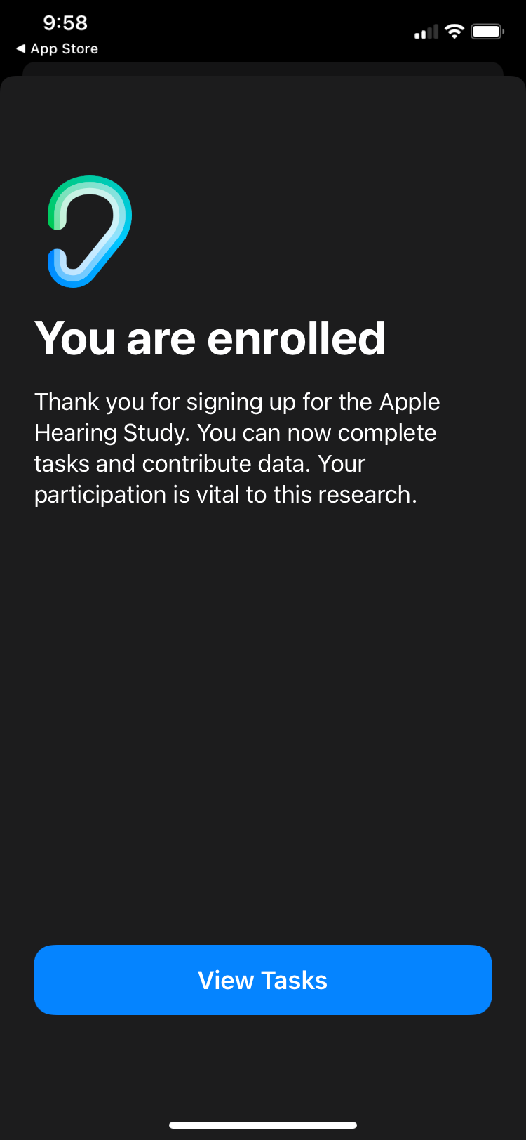 Подтверждение регистрации в исследовании в приложении Apple Research
