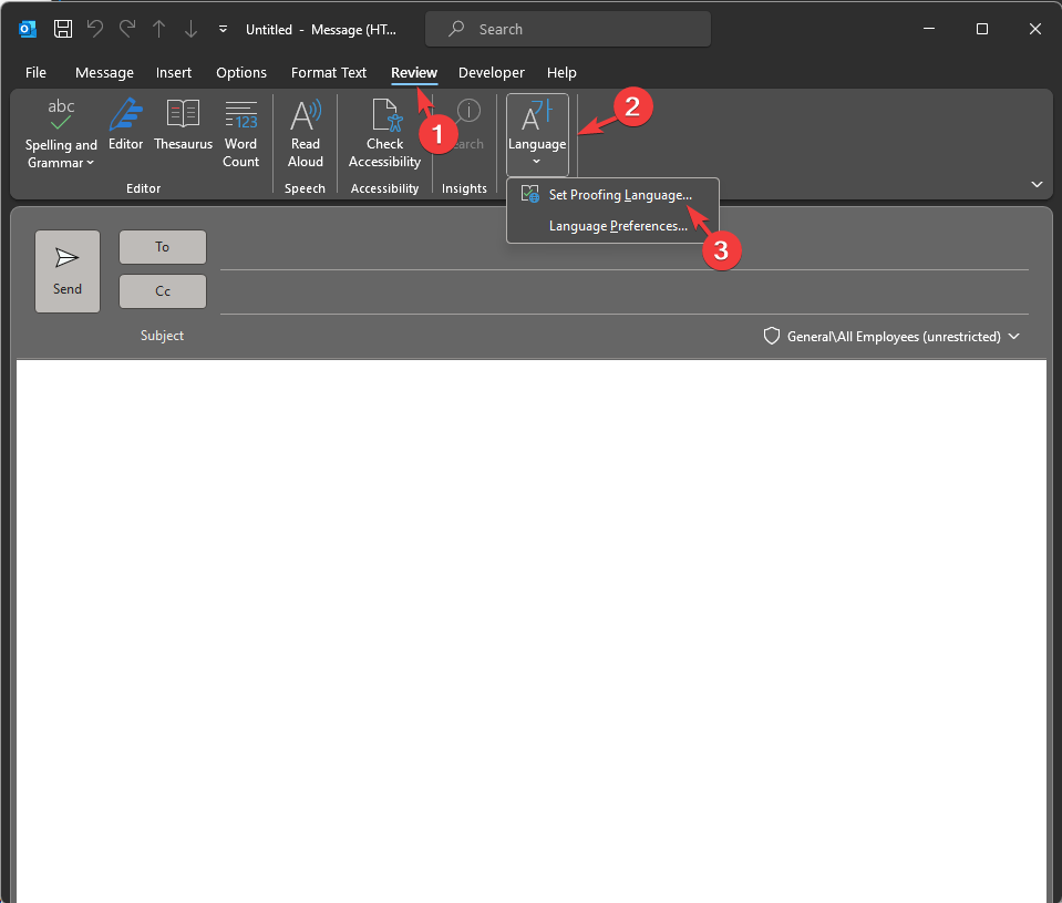 Окно «Выбрать язык проверки» в Outlook