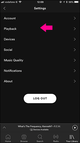 Раздел «Воспроизведение» в настройках мобильного приложения Spotify с переключателем Автовоспроизведения