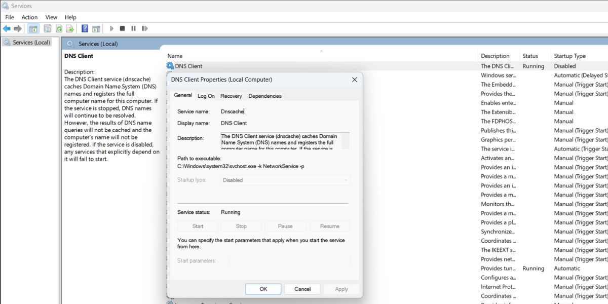Панель служб: DNS Client отображается как Disabled