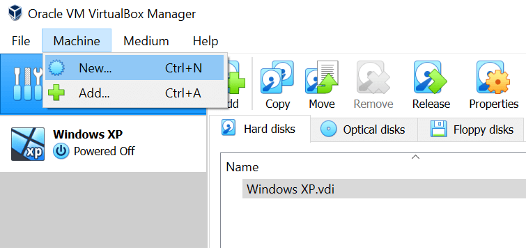 Меню создание новой виртуальной машины в VirtualBox