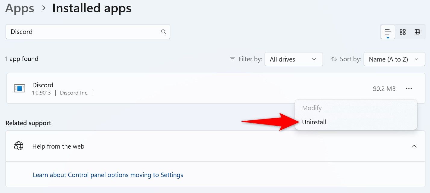 Выделен пункт Удалить для Discord в настройках Windows 11.