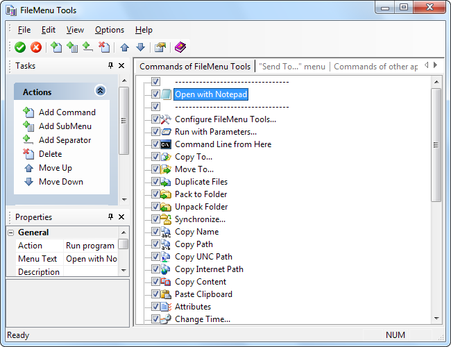 Главное окно FileMenu Tools с тремя вкладками