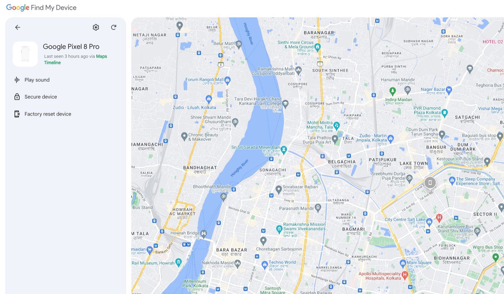 Интерфейс веб‑версии Find My Device