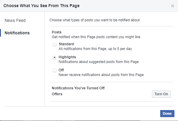 Скриншот меню получения всех уведомлений от страницы в Facebook