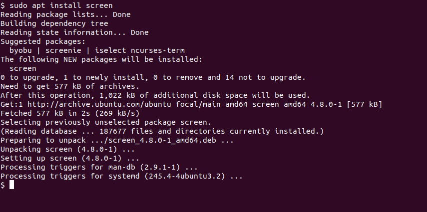 Установка GNU Screen в терминале