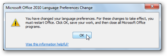 Напоминание закрыть приложения Office для применения изменений языка
