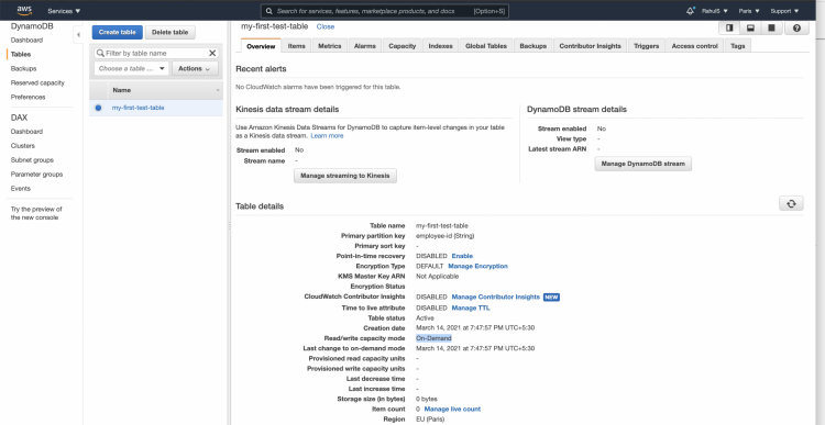 Список таблиц DynamoDB в консоли AWS