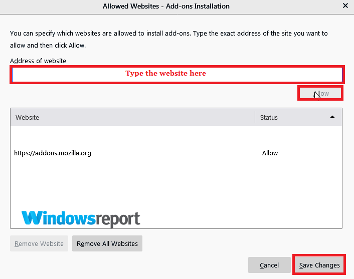 Подтверждение добавления в исключения Firefox
