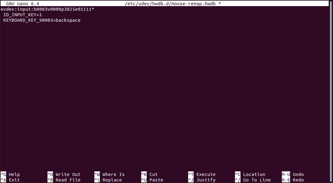 редактирование файла конфигурации кнопки мыши в nano