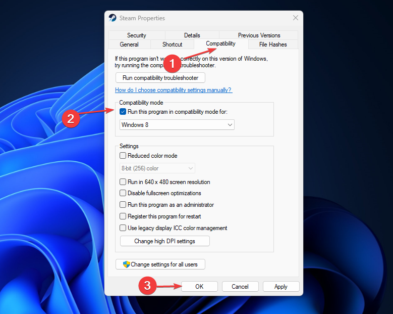 Вкладка совместимости с опцией режима совместимости